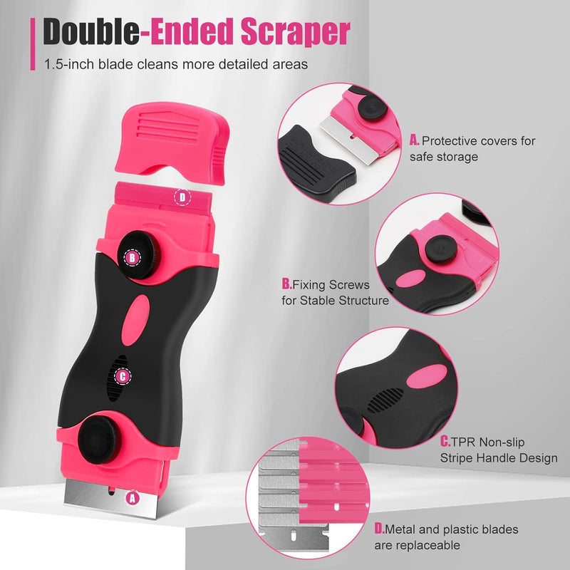 ThinkLearn Razor Blade Scraper Tool, 2Pcs Pink Razor Scraper with 40Pcs Replacement Blades, Glass Scraper for Removing Decals, Tint, Stickers, Labels, Caulk, Adhesive from Window, Oven, Stove Top - Image 3